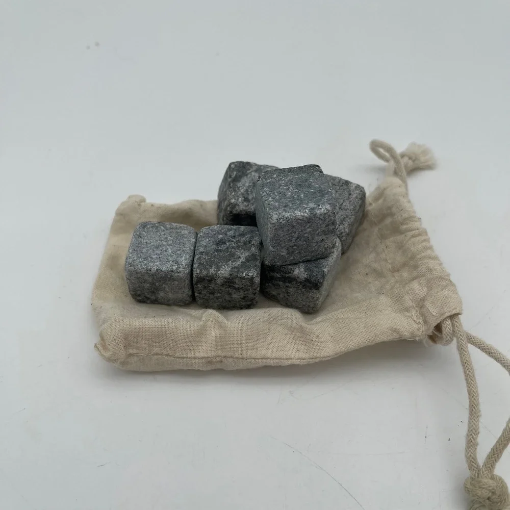 Set of 6 Natural Soapstone Whiskey Stones Grey Chilling Rocks with Pouch